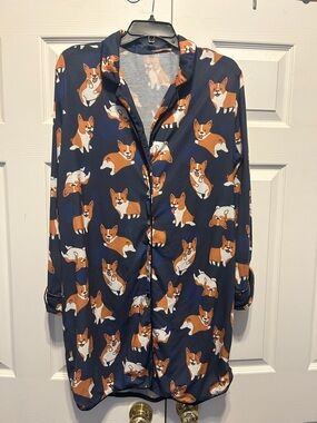 Navy Corgi Print Button-Up Pajama Shirt